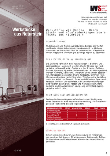 Merkblatt: NVS Werkstücke wie Küchen-, Waschtisch- und Möbelabdeckungen sowie Tische aus Naturstein - PDF